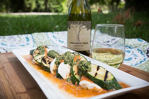 Grilled Zucchini Caprese with Tomato Vinaigrette & Basil-Walnut Pesto