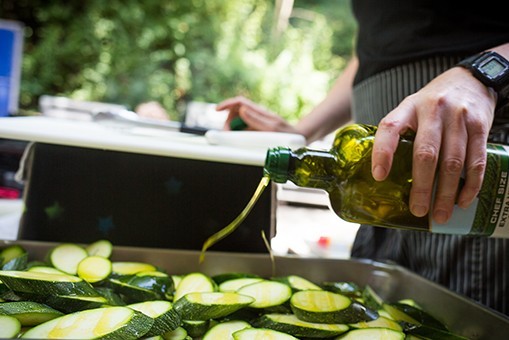 Grilled Zucchini Caprese with Tomato Vinaigrette & Basil-Walnut Pesto