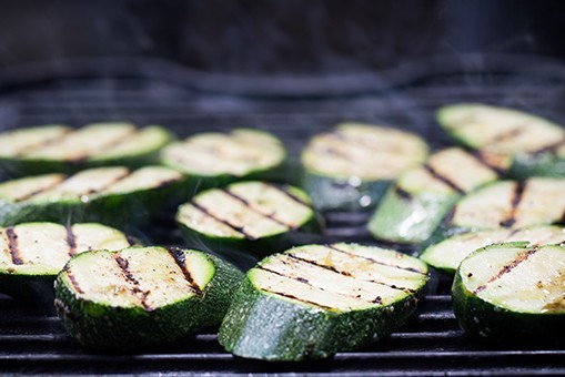 Grilled Zucchini Caprese with Tomato Vinaigrette & Basil-Walnut Pesto